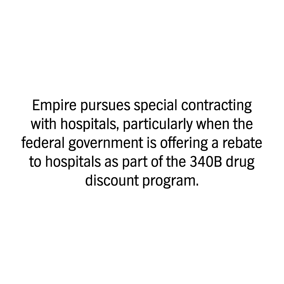 Empire pursues special contracting with hospitals, particularly when the federal government is offering a rebate to hospitals as part of the 340B drug discount program.